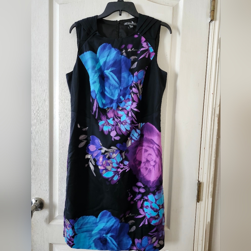 Adrianna Papell Black With Blue and Purple Floral Print Midi Dress.